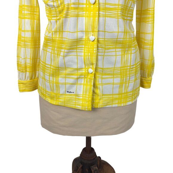 Vintage 60s Yellow Blouse Womens Size XL Heart Buttons Mr. Dino Plaid Long Slv - Picture 5 of 10